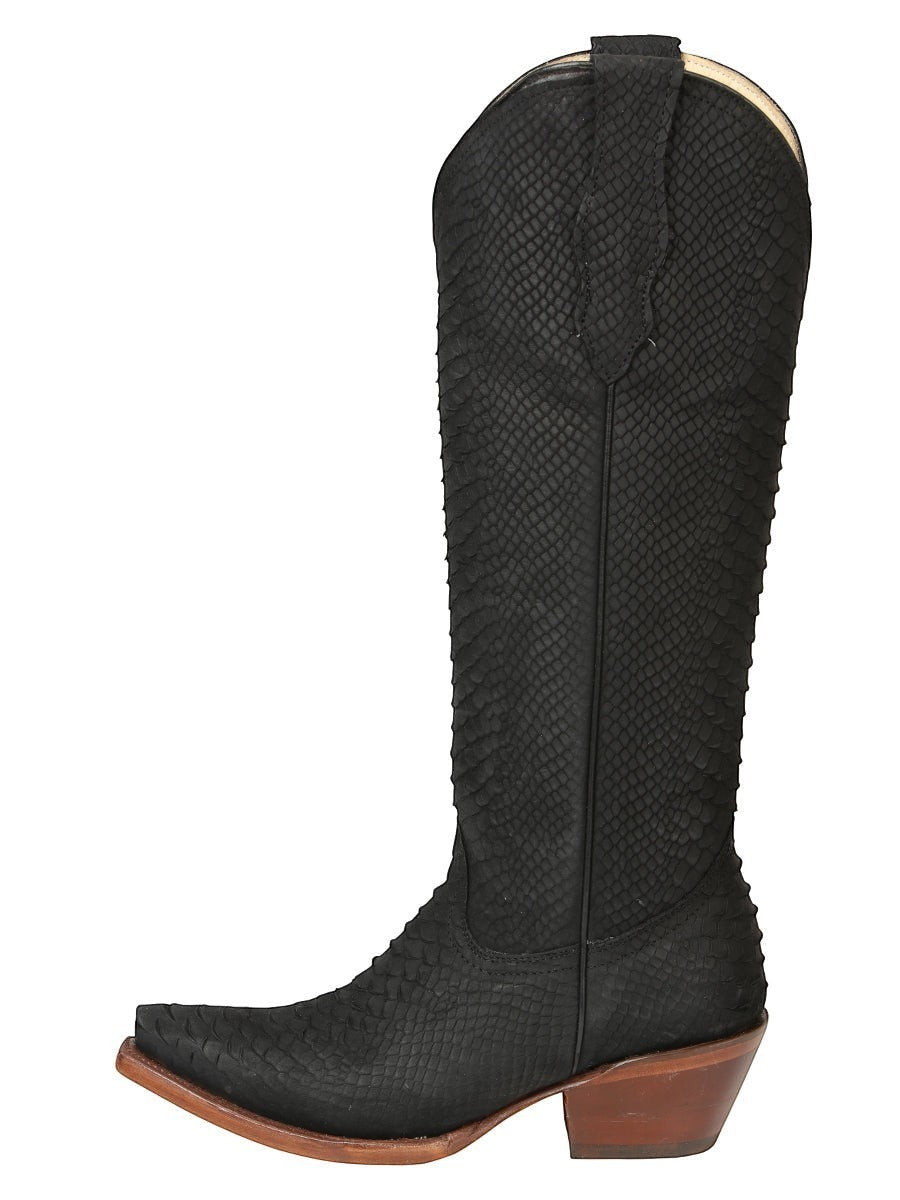 Bota vaquera de mujer RAVAC El General en color negro con textura de piel exótica y tacón de madera