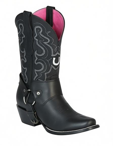 Bota vaquera RAVAC El General para mujer en piel crazy negra con detalle de arnés y bordado western en caña