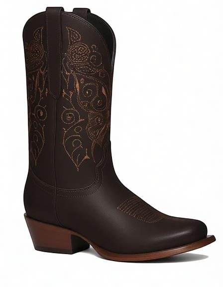 Bota vaquera de mujer RAVAC El General en piel bovino nobuck color café con bordados detallados en la caña