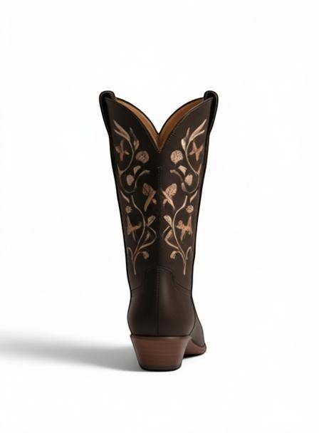 Bota vaquera de mujer RAVAC El General en piel nobuck café con bordado floral detallado en la caña
