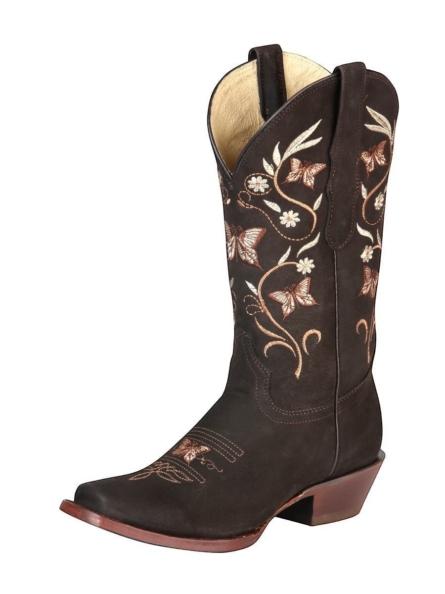 Bota vaquera RAVAC El General para mujer en piel nobuck café con bordado de mariposas y flores estilo western