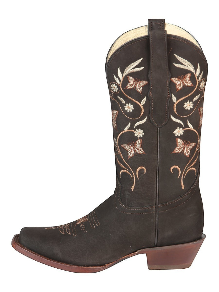 Bota vaquera RAVAC El General para mujer en piel nobuck café con bordado de flores y mariposas estilo western