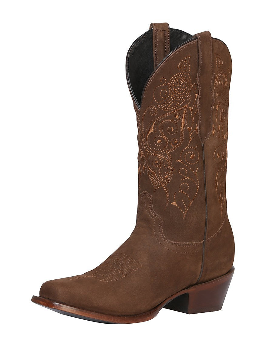 Bota vaquera para mujer RAVAC El General en piel nobuck color camel con bordados detallados y estilo western clásico