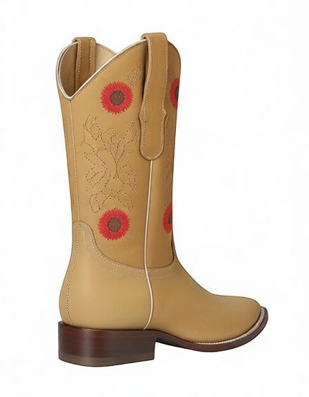 Bota vaquera RAVAC El General para mujer en piel nobuck color miel con bordado floral rojo y tacón bajo