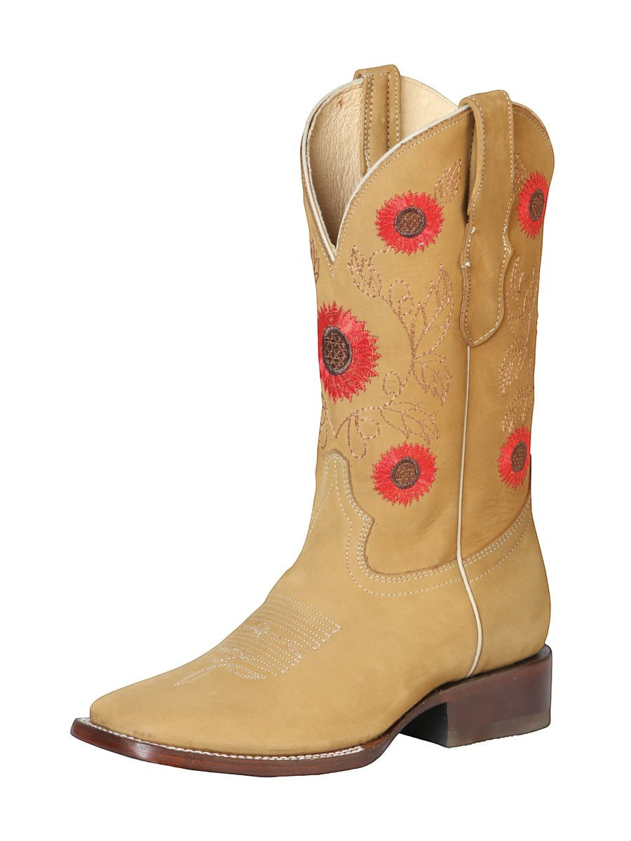Bota vaquera RAVAC para mujer en piel nobuck color miel con bordado de flores rojas y estilo western