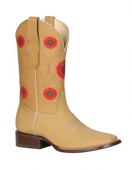 Bota vaquera RAVAC para mujer en piel nobuck color miel con bordado de flores rojas y estilo western clásico