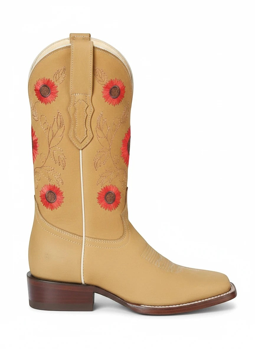 Bota vaquera RAVAC El General para mujer en piel nobuck color miel con bordado de flores rojas y estilo western