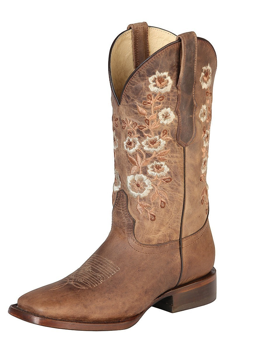 Bota vaquera de mujer RAVAC El General en piel café con bordado floral detallado y estilo western clásico.