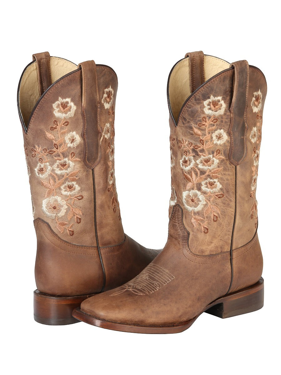 Bota vaquera RAVAC para mujer en piel café con bordado floral detallado y estilo western clásico