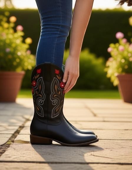 Bota vaquera de mujer RAVAC en piel color café con bordado floral rojo y detalles western en exterior