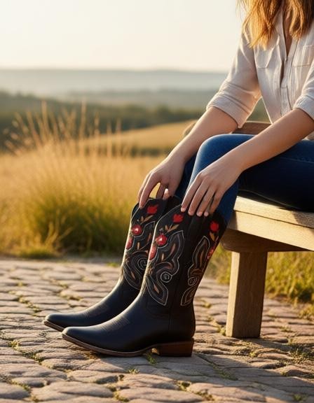 Bota vaquera de mujer RAVAC en piel color café con bordado floral, ideal para un estilo western casual al aire libre.