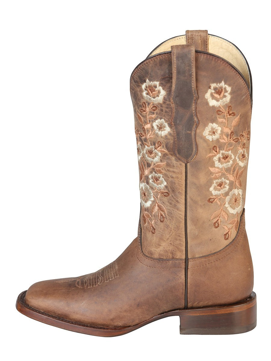 Bota vaquera de mujer RAVAC El General en piel café con bordado floral detallado y estilo western clásico