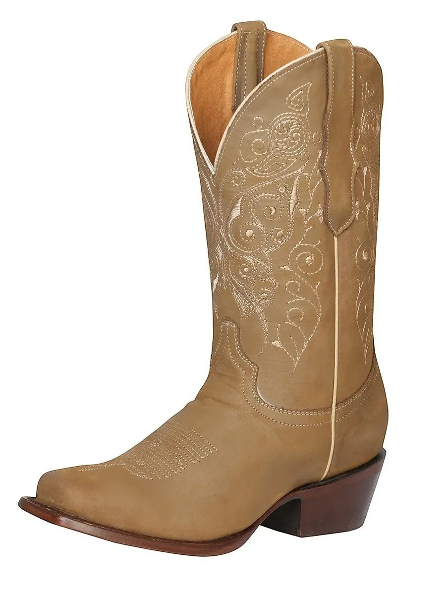 Bota vaquera de mujer RAVAC El General en piel color café con bordados florales y tacón estilo rodeo