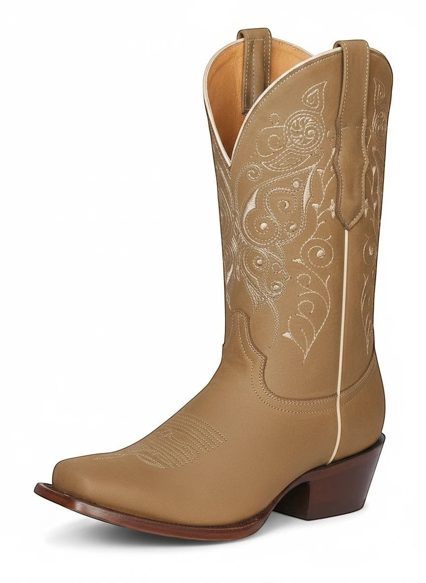 Bota vaquera de mujer RAVAC en piel color café con bordados detallados y tacón estilo rodeo