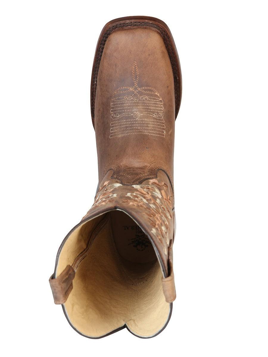 Bota vaquera de mujer RAVAC El General Rodeo 51231 en piel color café con bordados detallados y punta cuadrada