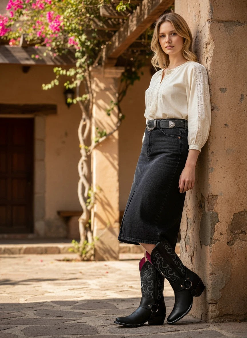 Mujer con botas vaqueras RAVAC de piel crazy negra con detalles bordados y arnés, estilo western en entorno rústico.
