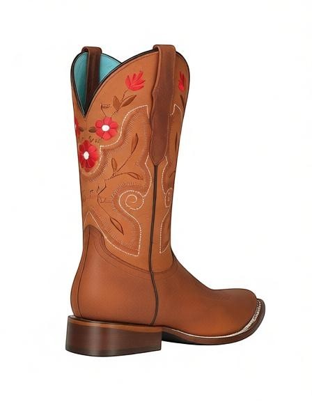 Bota vaquera de mujer RAVAC El General en piel bovino color shedron con bordado floral rojo en el tubo