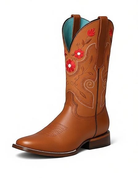 Bota vaquera para mujer RAVAC de piel bovino color shedron con bordado floral rojo y forro interior azul turquesa