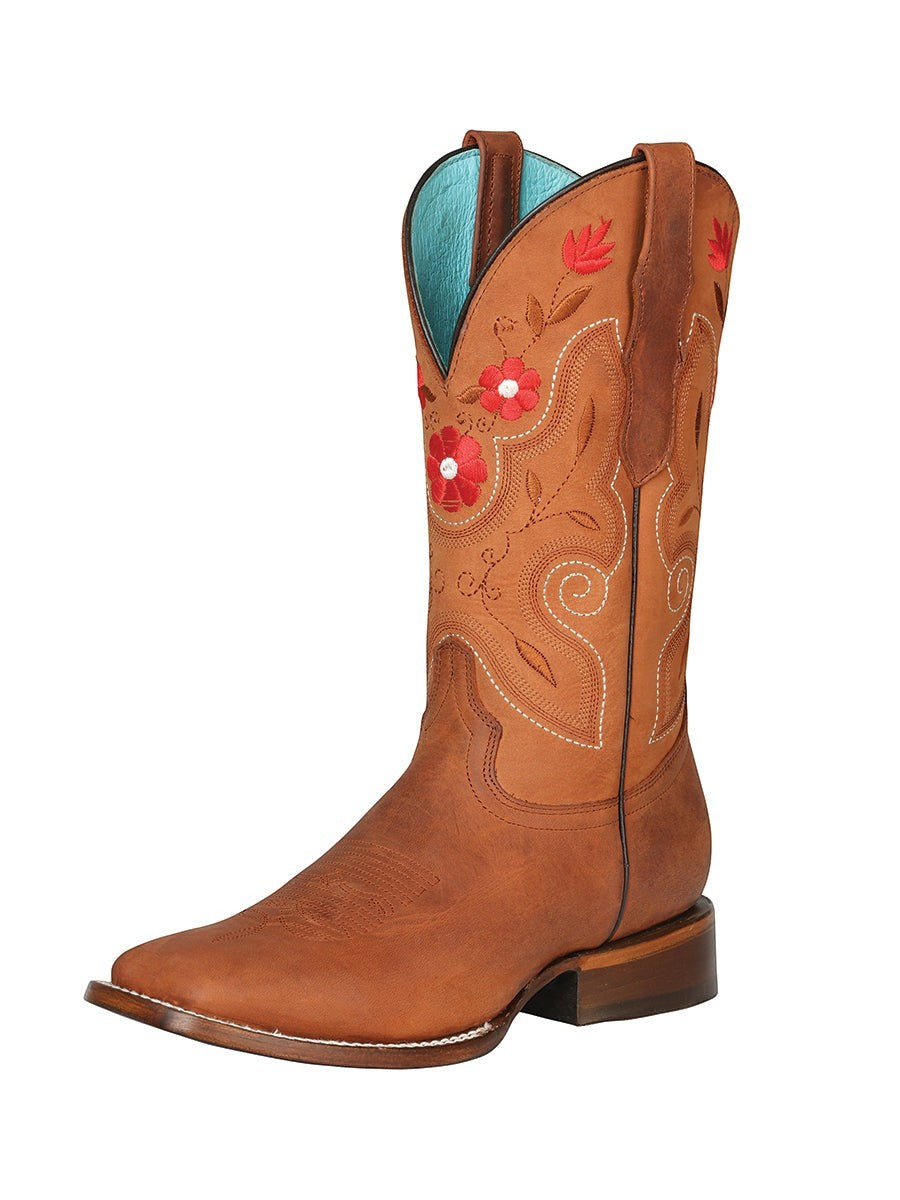 Bota vaquera RAVAC para mujer en piel bovino color shedron con bordado floral rojo y detalles en turquesa