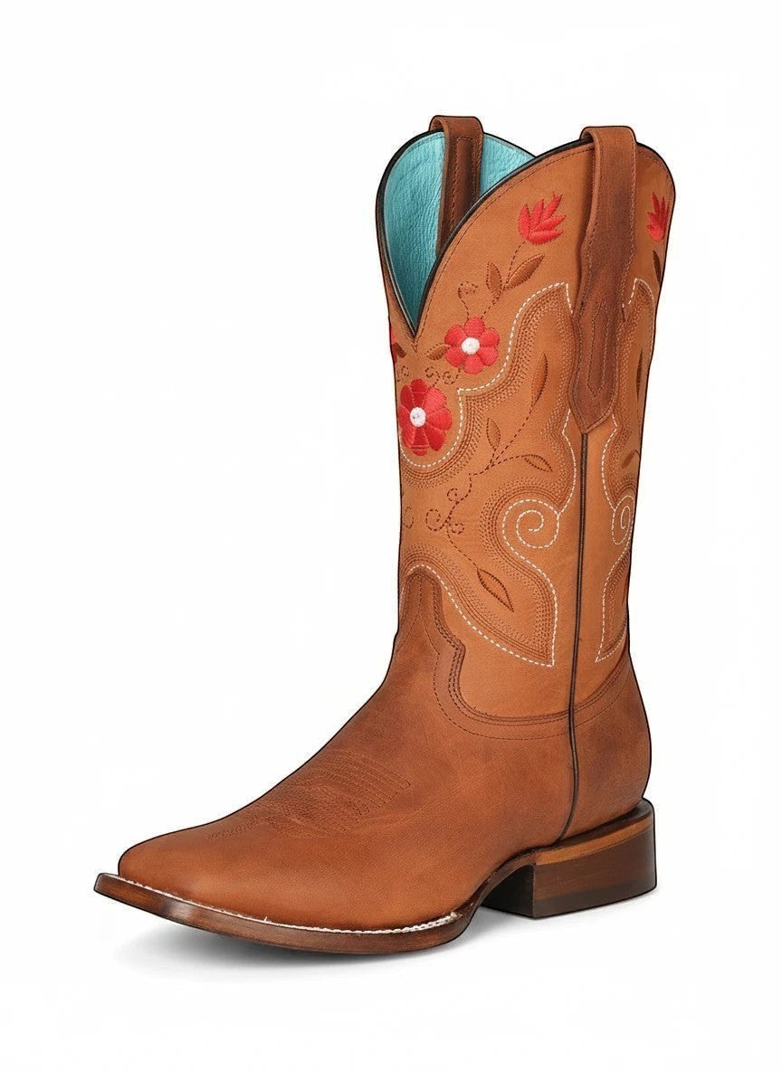 Bota vaquera RAVAC para mujer en piel bovino color shedron con bordado floral rojo y forro interior azul turquesa