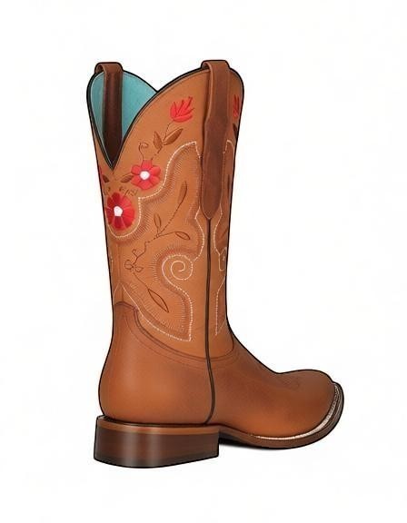 Bota vaquera RAVAC para mujer en piel bovino color shedron con bordado floral rojo y costuras decorativas
