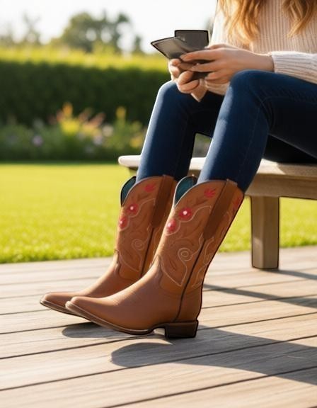 Bota vaquera de mujer RAVAC en piel bovino color shedron con bordados florales, ideal para un estilo western casual.