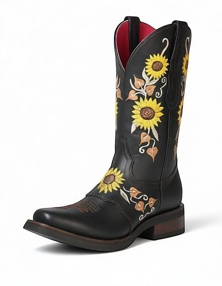 Bota vaquera RAVAC de mujer en piel negra con bordado detallado de girasoles amarillos y estilo western