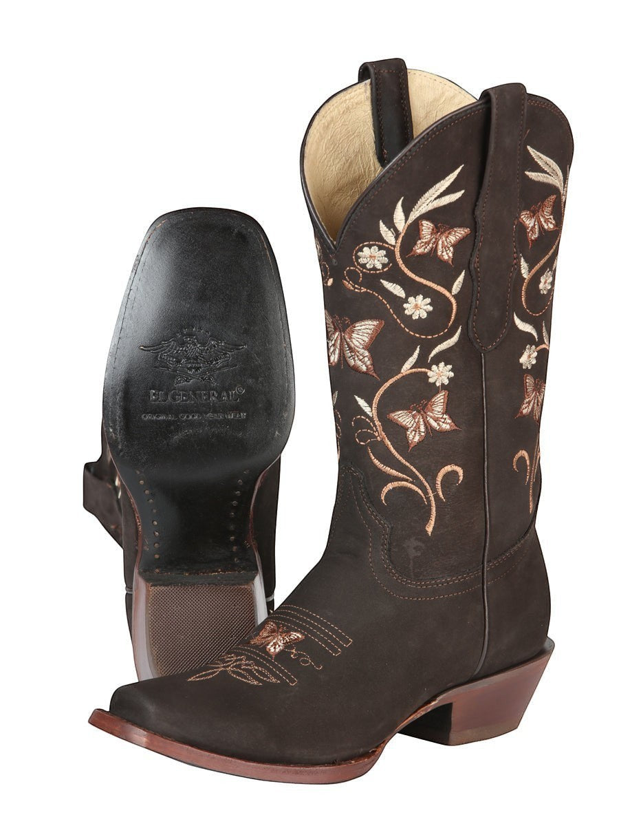 Bota vaquera RAVAC El General de piel nobuck café con bordados de mariposas y flores para mujer