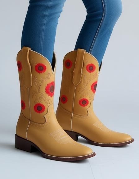 Botas vaqueras RAVAC El General de piel nobuck color miel con bordado de flores rojas para mujer