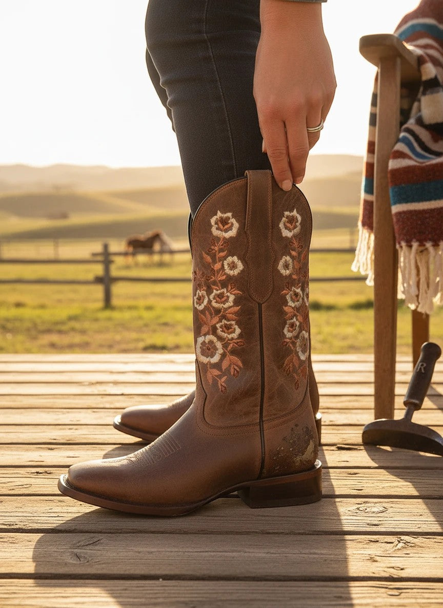 Bota vaquera RAVAC El General de piel café con bordado floral en caña alta, estilo western para mujer