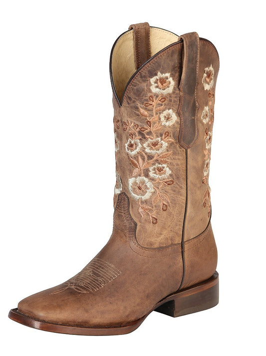 Bota vaquera RAVAC El General de piel café con bordado floral artesanal en la caña, estilo western para dama.