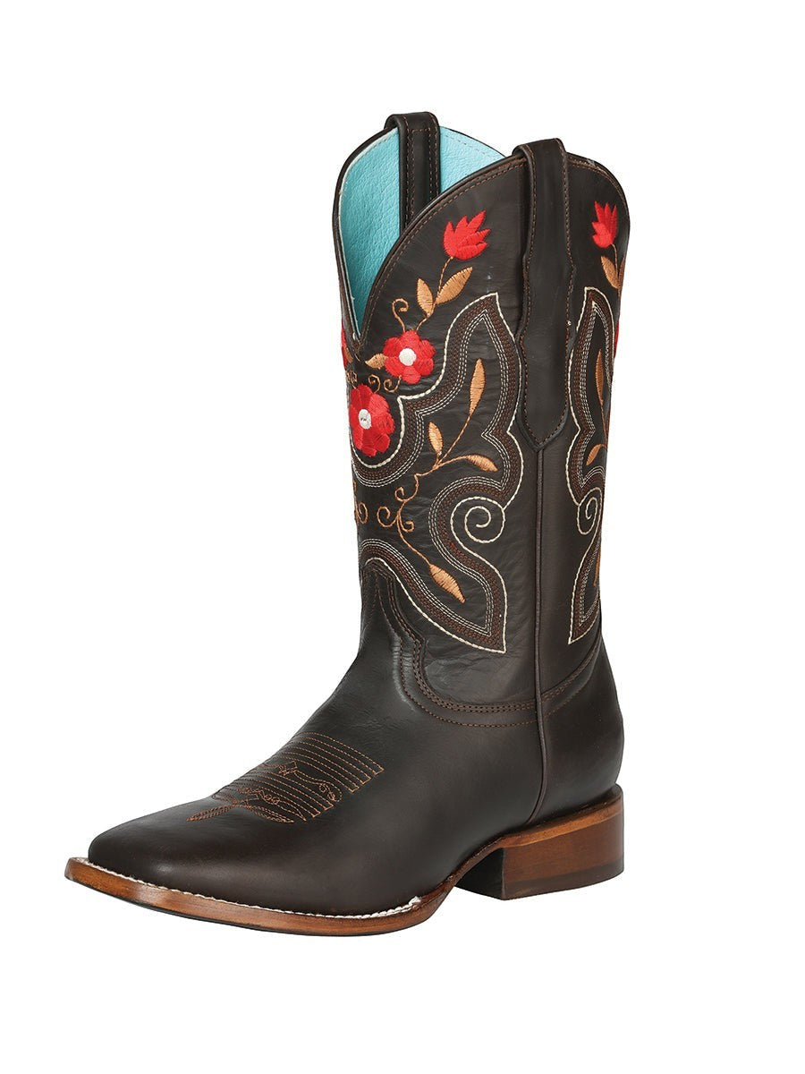 Bota vaquera de mujer RAVAC en piel bovino color café con bordados florales rojos y forro interior azul turquesa.