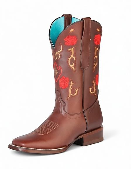 Bota vaquera RAVAC El General de piel bovino color chocolate con bordado de rosas rojas y estilo western para dama