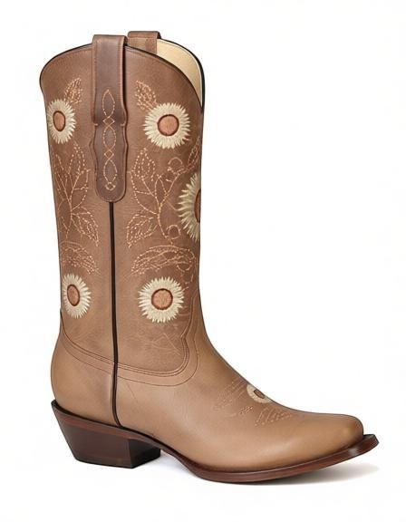 Bota vaquera de mujer RAVAC El General Rodeo 51230 en piel color arena con bordado de girasoles y tacón cubano
