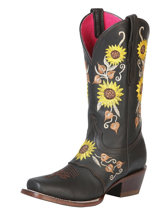 Bota vaquera RAVAC El General de piel café con bordado de girasoles amarillos y forro interior rosa