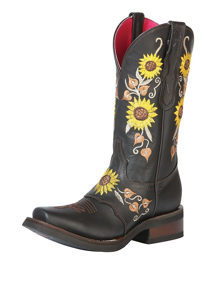 Bota vaquera RAVAC El General de piel nobuck café con bordado de girasoles y forro interior rosa