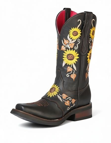 Bota vaquera RAVAC El General de piel nobuck café con bordado de girasoles amarillos y punta cuadrada para mujer