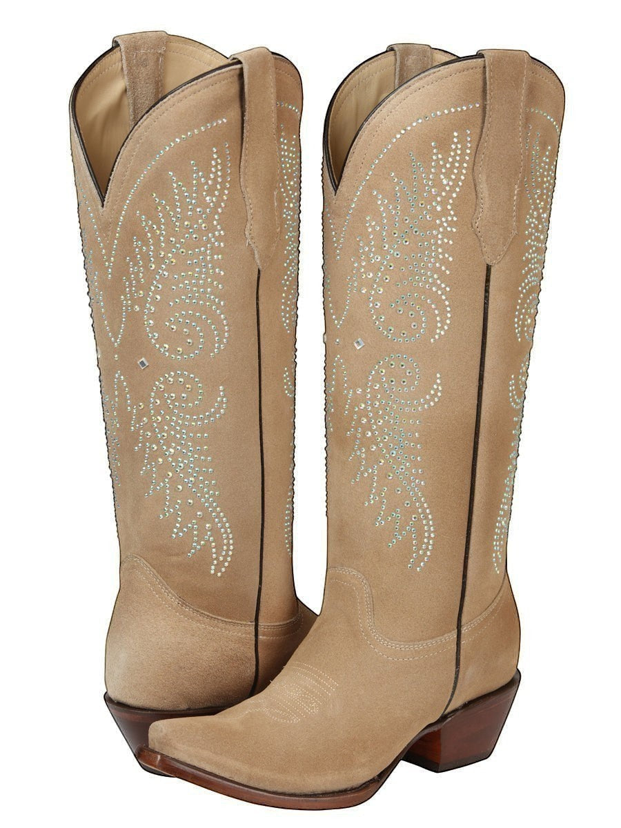 Botas vaqueras RAVAC para mujer en ante beige con detalles de pedrería brillante y diseño western elegante