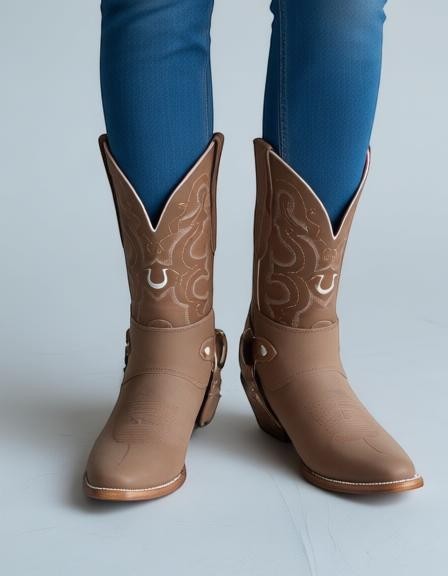 Botas vaqueras RAVAC El General para mujer en piel nobuck color camel con bordados western y detalle de arnés