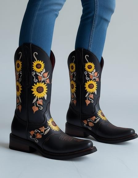Botas vaqueras RAVAC para mujer en piel nobuck café con bordado detallado de girasoles y estilo western