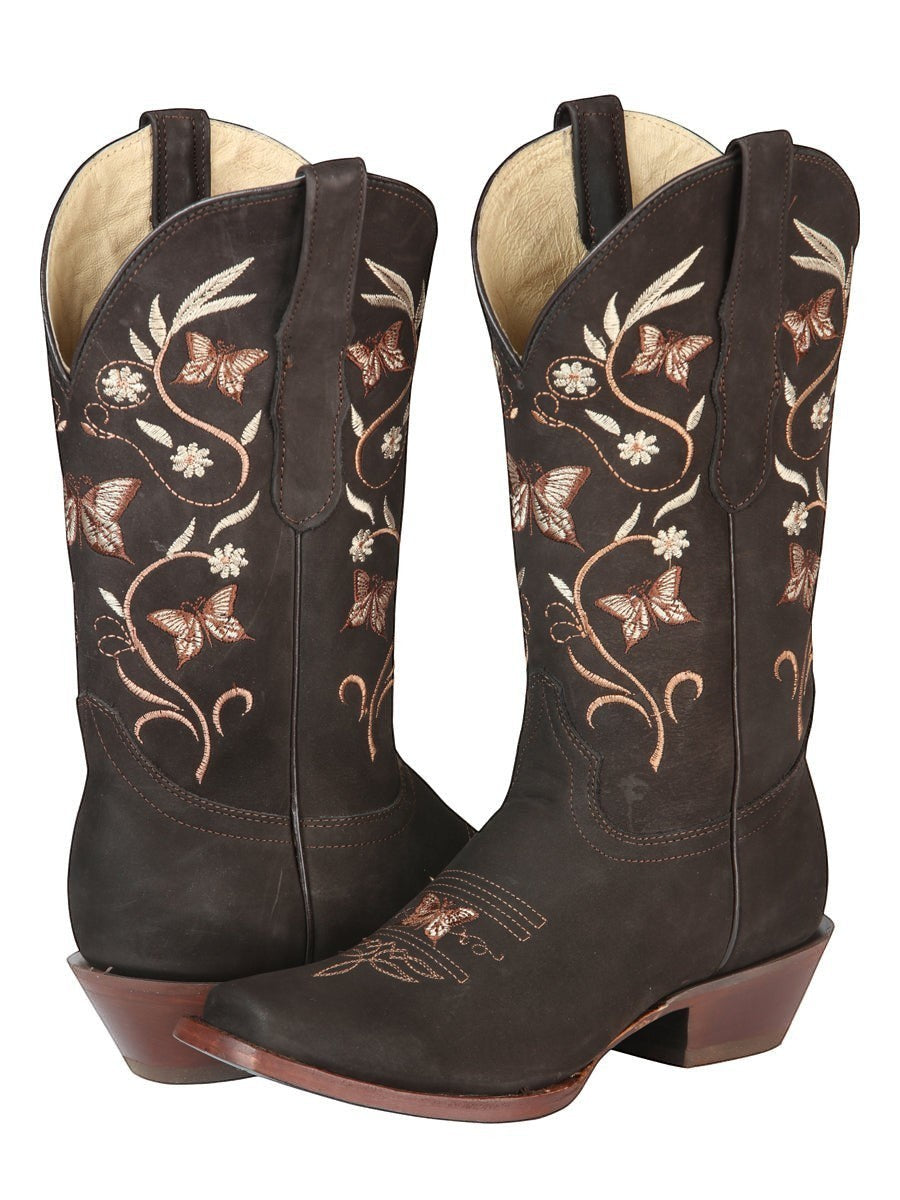 Botas vaqueras RAVAC para mujer en piel nobuck café con bordado artesanal de mariposas y flores estilo western