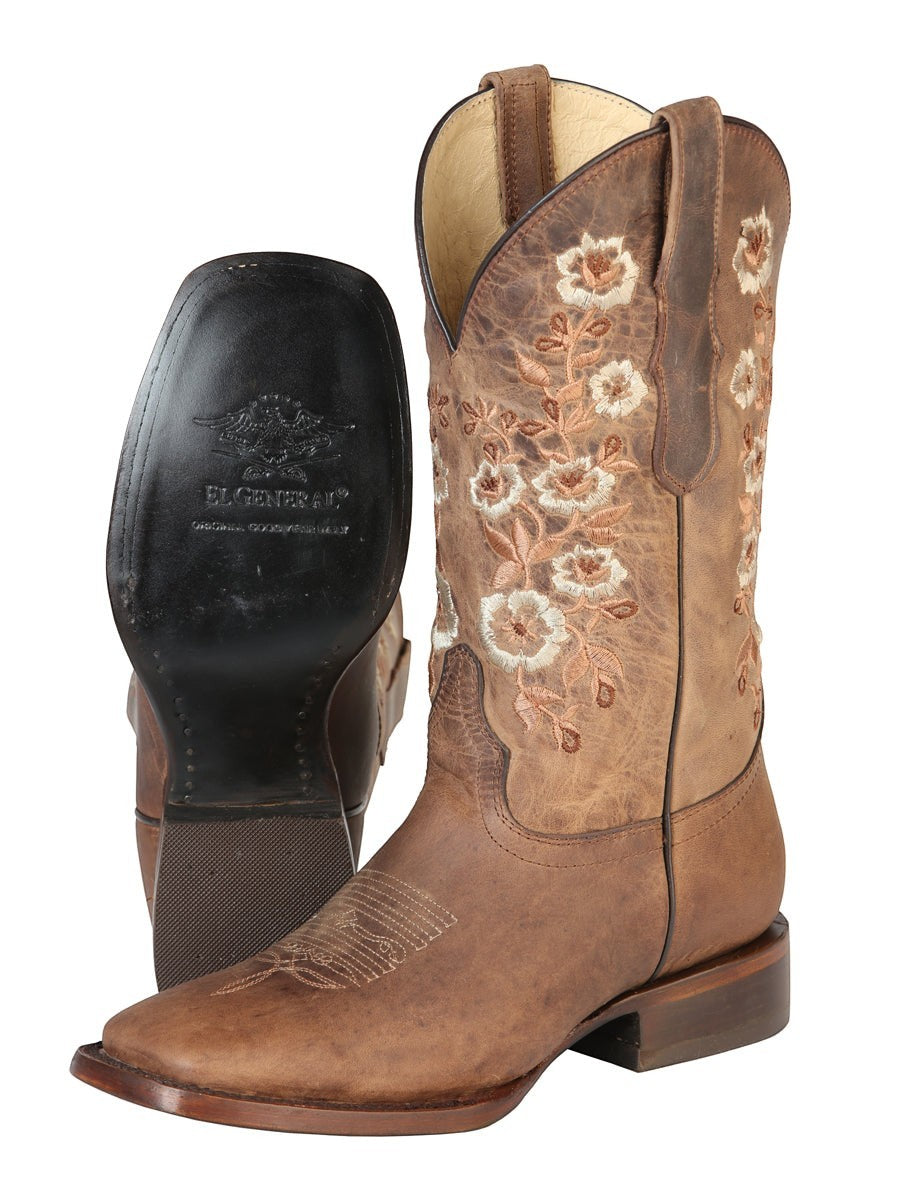 Botas vaqueras de mujer RAVAC El General de piel café con bordado floral y punta cuadrada para estilo western