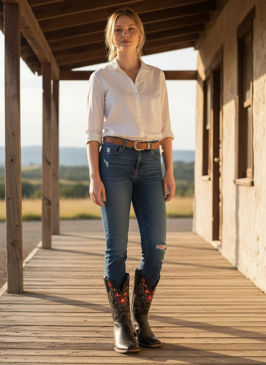 Mujer con botas vaqueras RAVAC de piel bovino color café con bordados decorativos en un porche estilo rústico