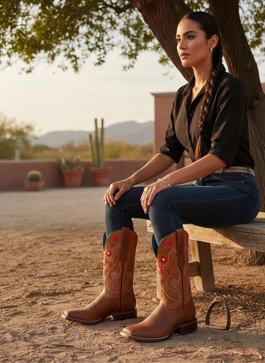 Mujer con botas vaqueras RAVAC de piel bovino color shedron con bordados florales en un entorno campestre al atardecer