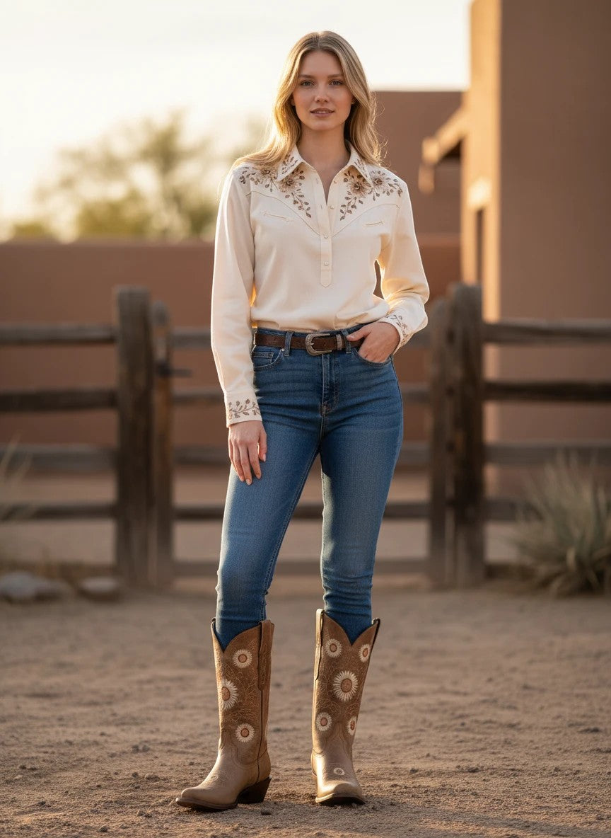 Mujer vistiendo botas vaqueras RAVAC modelo 51230 de piel con bordados florales en un entorno campestre