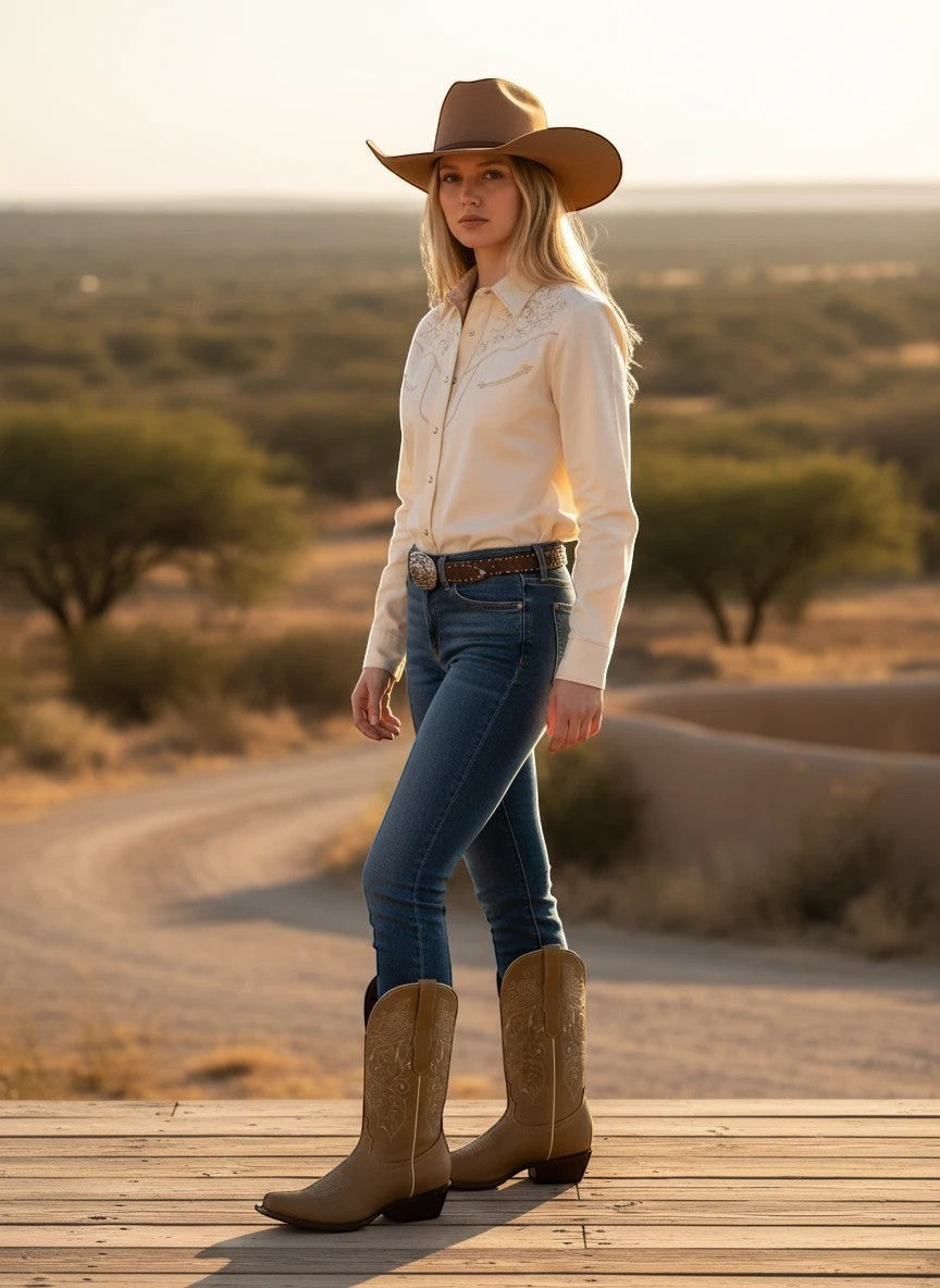 Mujer con botas vaqueras RAVAC de piel crazy color arena, sombrero y camisa estilo western en un paisaje desértico.