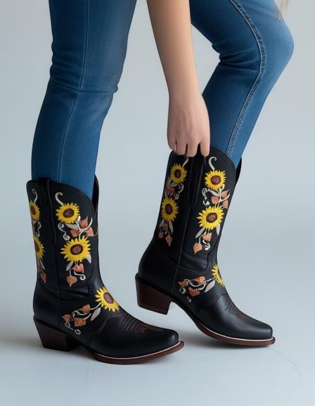 Botas vaqueras RAVAC de piel negra con bordado de girasoles amarillos y tacón rodeo para mujer